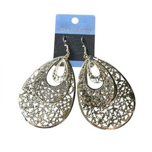 Large Gold Cut Metal Teardrop Design Triple Layered Drop Earrings